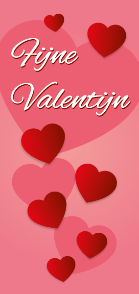 Etalage banner Fijne Valentijn met roze en rode hartjes op warm roze achtergrond