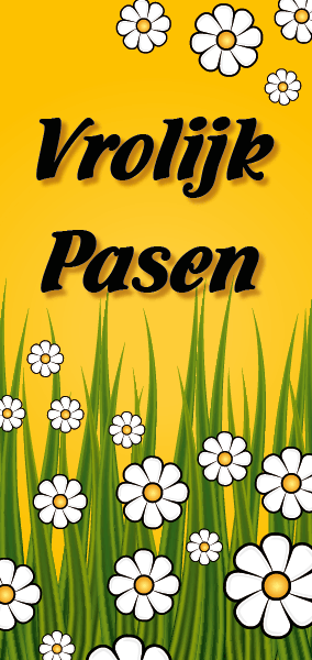 Etalage banner Vrolijk Pasen en witte bloemen in gras op gele achtergrond