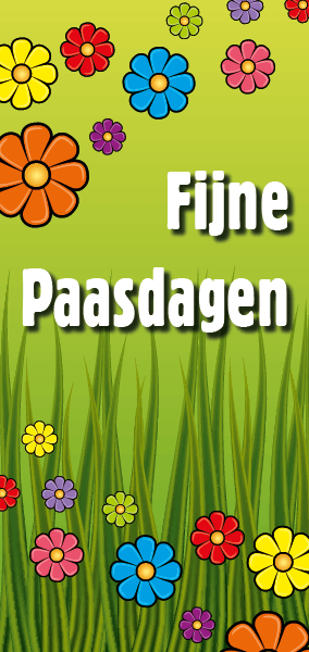 Etalage banner Fijne Paasdagen en gekleurde bloemen in gras op groene achtergrond
