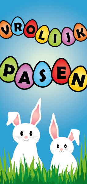 Etalage banner Vrolijk Pasen met konijntjes en paaseitjes