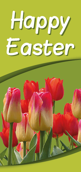Etalage banner Happy Easter met tulpen