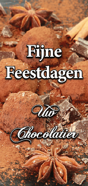 Etalage banner Voor de chocolatier met fijne feestdagen op achtergrond met chocladetruffels