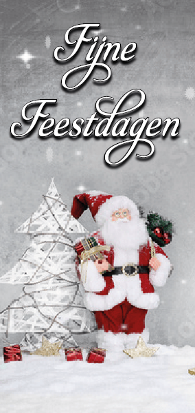 Etalage banner Fijne feestdagen met kerstman en kerstboom op grijze achtergrond