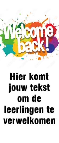 Etalage banner Welcome back op gekleurde verfspatten, gepersonaliseerd met eigen tekst