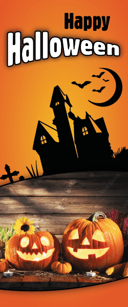 Etalage banner Happy Halloween raamdecoratie met pompoenen en spookhuis