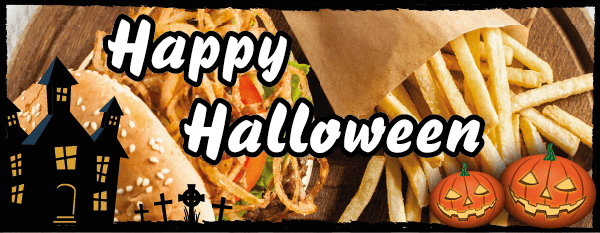 Raamsticker Happy Halloween voor frituur met frietjes en bicky burger