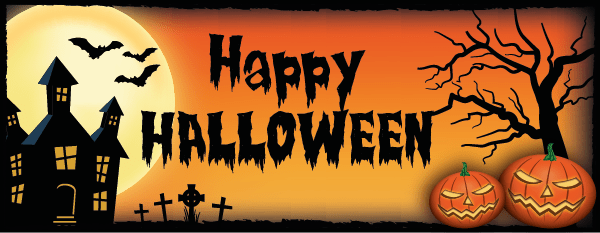 Raamsticker Happy Halloween met spookhuis op oranje-gele achtergrond