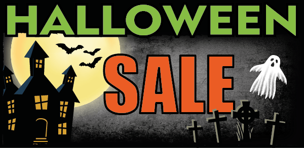 Raamsticker Halloween SALE met spookje, graven, spookhuis, maan, vleermuizen