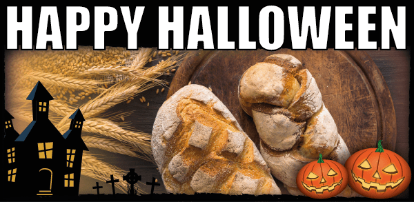 Raamsticker Halloween voor bakkerijen met brood en graanstengels