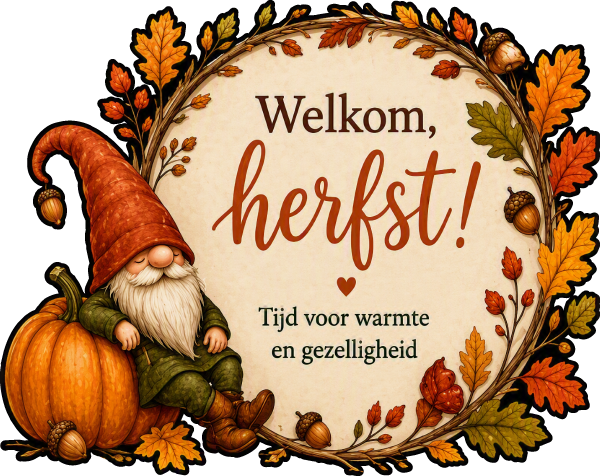 Raamsticker welkom herfst tijd voor warmte en gezelligheid met herfstbladeren en kaboutertje op pompoen