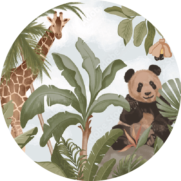 Muursticker Jungle met giraf en pandabeer in cirkel