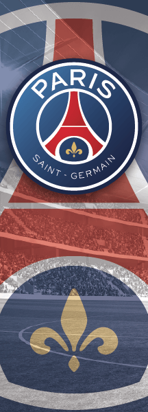 Behang banner PSG met doorzichtig logo en stadion op achtergrond