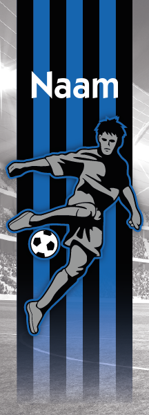 Behang banner Voetballer op blauwe en zwarte strepen met stadion op achtergrond en naam