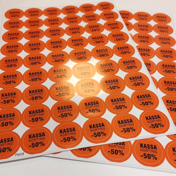 Koopje set van 2 vellen ronde product stickers met opschrift kassa korting -50%