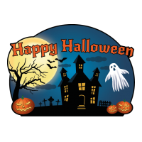 Halloween spookhuis met pompoenen, verdorde boom en spookje