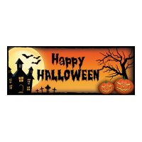 Happy Halloween met spookhuis op oranje-gele achtergrond