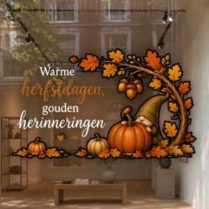 Warme herfstdagen gouden herinneringen met kaboutertje pompoenen bladeren eikeltjes