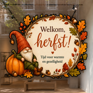 welkom herfst tijd voor warmte en gezelligheid met herfstbladeren en kaboutertje op pompoen