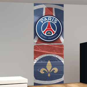 PSG met doorzichtig logo en stadion op achtergrond