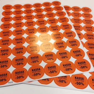 set van 2 vellen ronde product stickers met opschrift kassa korting -50%