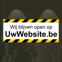 Sticker Wij blijven open met website geel-zwart gestreepte randen